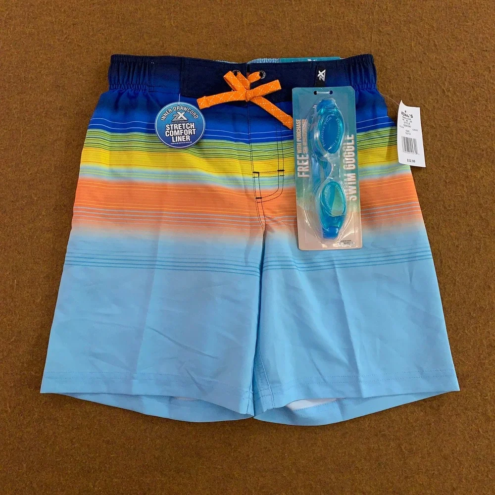 ZeroXposur Boys 10/12 Blue Ombre Stripe UPF 50+ Swim Trunks with Goggles NWT